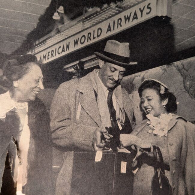 Thurgood Marshall leaving for his honeymoon with Cecilia S. Marshall, his mother Norma Marshall standing by their side.