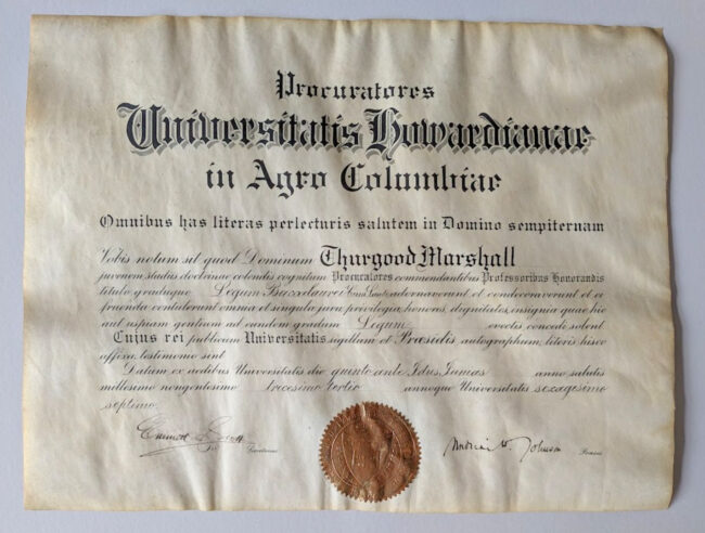 Thurgood Marshall's Diploma from Howard University School of Law - Conferred on June 5, 1933