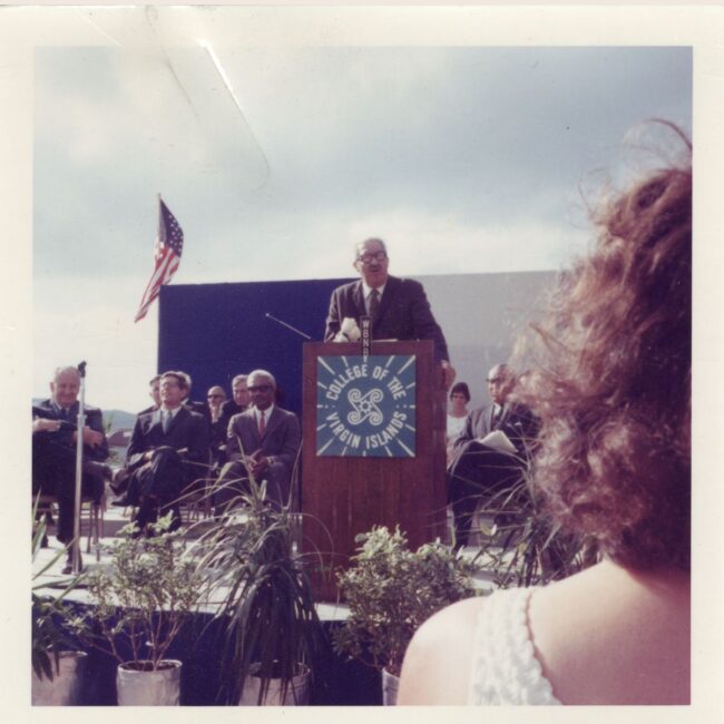 Thurgood Marshall speaking at the College of the Virgin Islands April 1969.