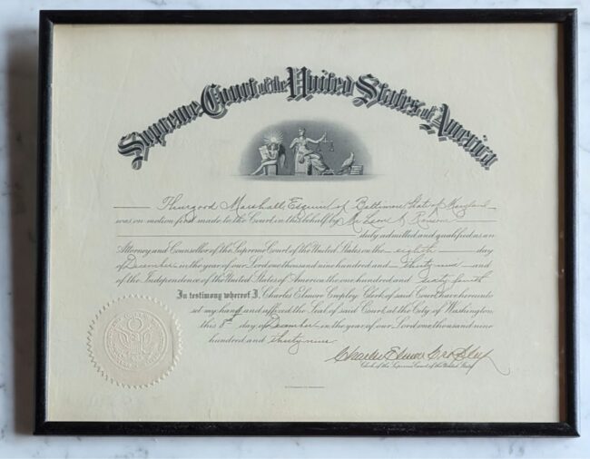 Thurgood Marshall's certificate of admission the Supreme Court of the United States of America
