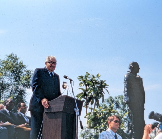 Thurgood Marshall speaking at the unveiling of the statue in his likeness in Baltimore Maryland 1980