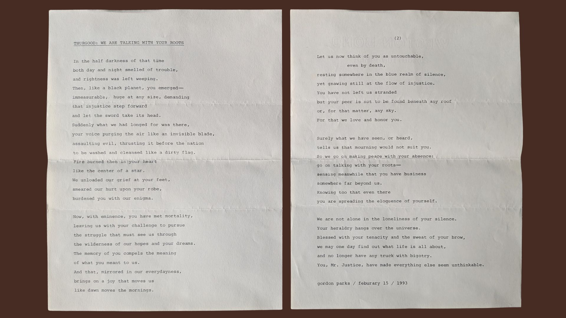 Gordon Parks Poem: THURGOOD: WA ARE TALKING WITH YOUR ROOTS