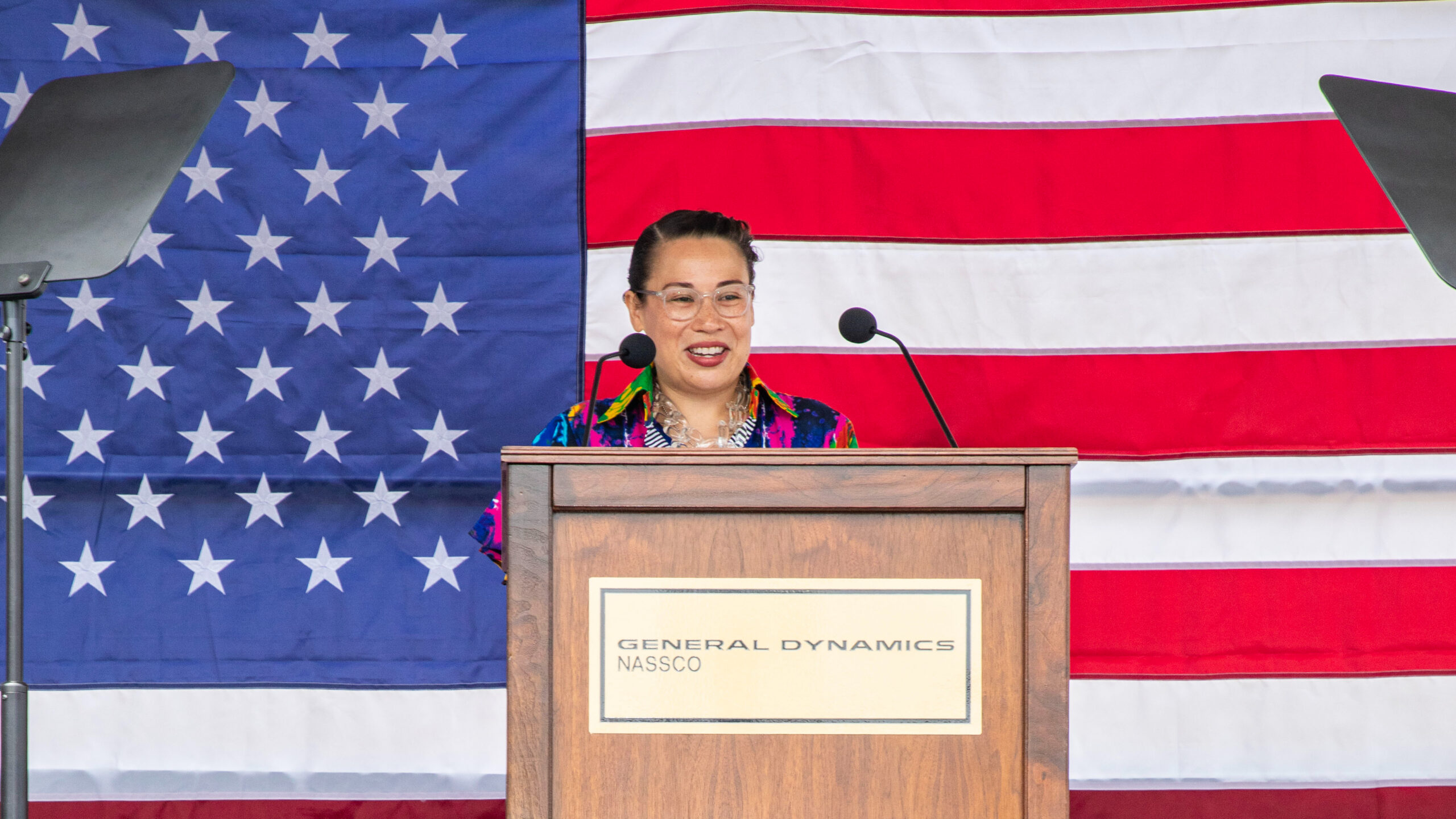 Cecilia Marshall speaking at christening of the USNS Thurgood Marshall T-AO 211